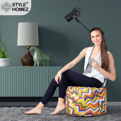 Style Homez Round Ottoman, Cotton Canvas Geometric Printed Bean Bag Stool Large Size Filled with Beans, Multi Color