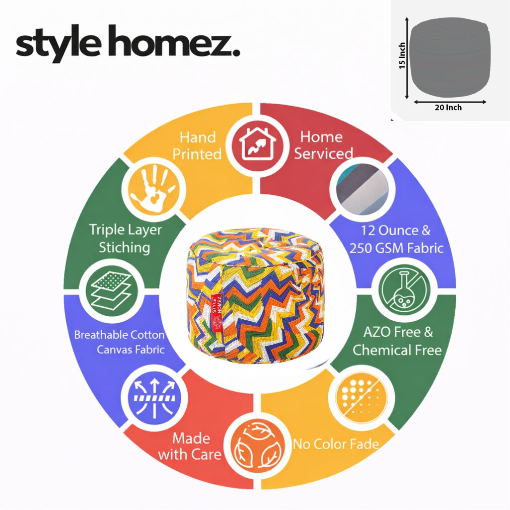 Style Homez Round Ottoman, Cotton Canvas Geometric Printed Bean Bag Stool Large Size Filled with Beans, Multi Color
