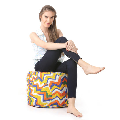 Style Homez Round Ottoman, Cotton Canvas Geometric Printed Bean Bag Stool Large Size Filled with Beans, Multi Color