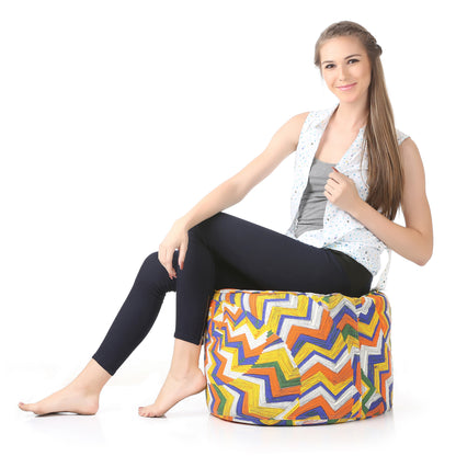 Style Homez Round Ottoman, Cotton Canvas Geometric Printed Bean Bag Stool Large Size Filled with Beans, Multi Color