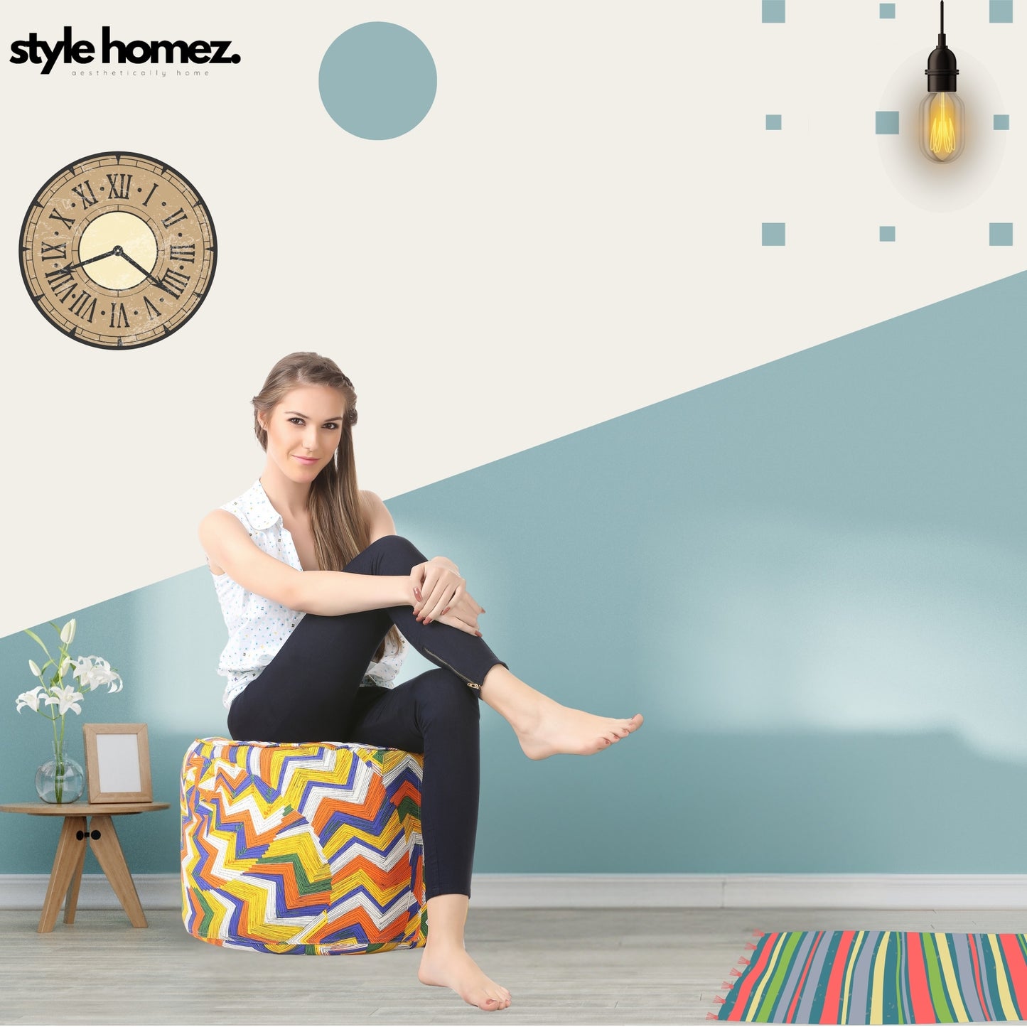 Style Homez Round Ottoman, Cotton Canvas Geometric Printed Bean Bag Stool Large Size Filled with Beans, Multi Color