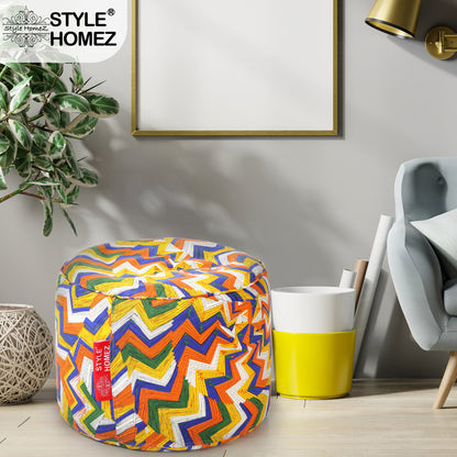Style Homez Round Ottoman, Cotton Canvas Geometric Printed Bean Bag Stool Large Size Filled with Beans, Multi Color