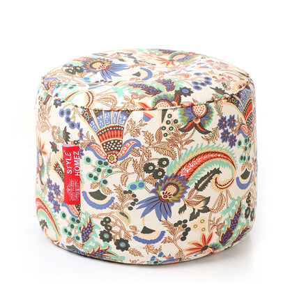 Style Homez Round Ottoman, Cotton Canvas Eloral Printed Bean Bag Stool Large Size Filled with Beans Fillers, Multi Color