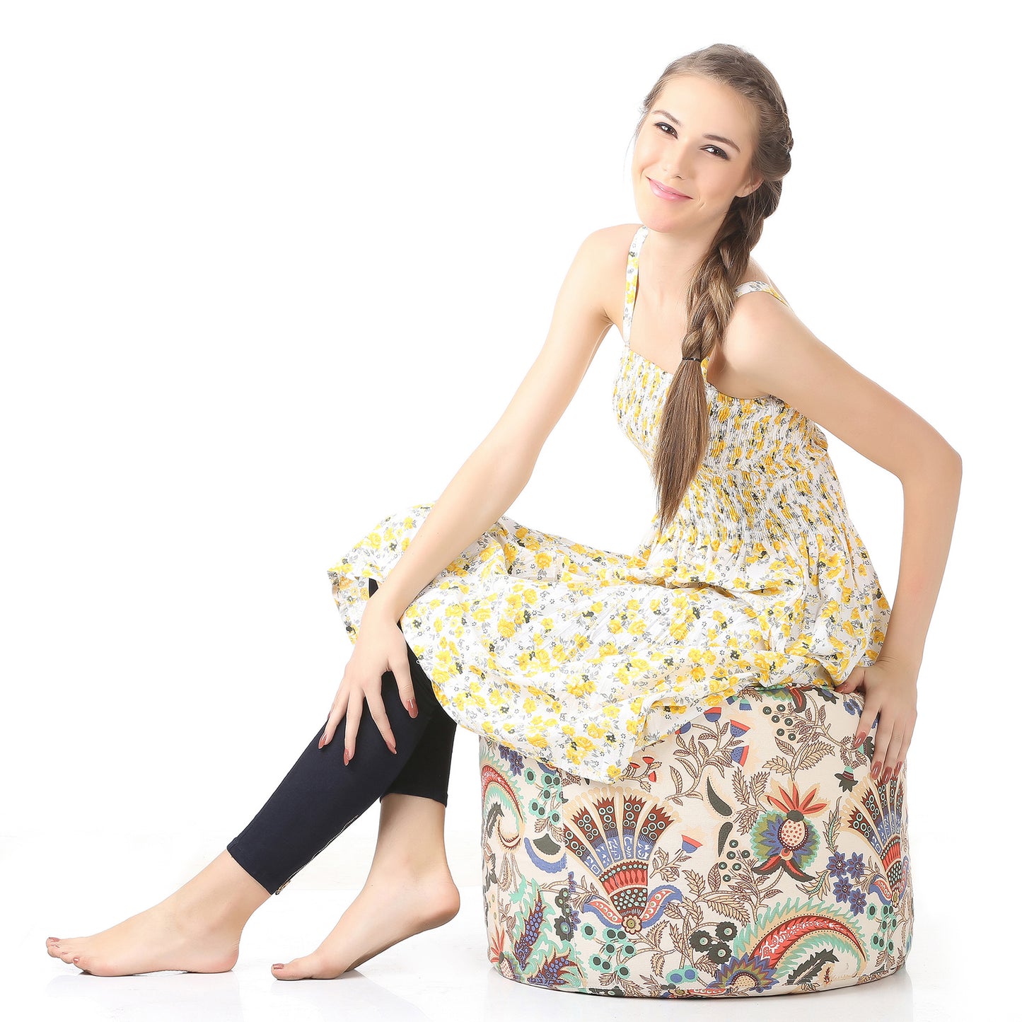 Style Homez Round Ottoman, Cotton Canvas Eloral Printed Bean Bag Stool Large Size Filled with Beans Fillers, Multi Color