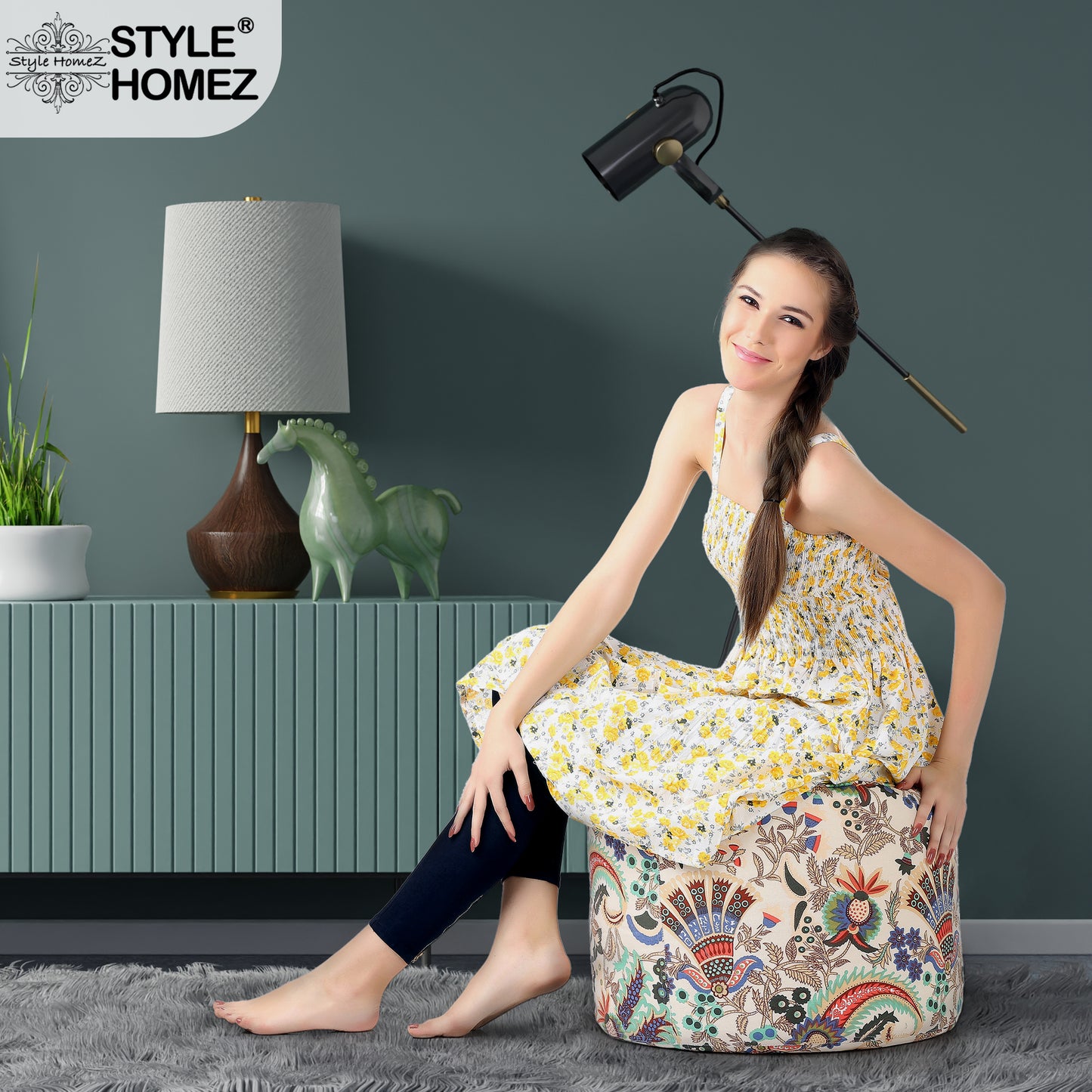 Style Homez Round Ottoman, Cotton Canvas Eloral Printed Bean Bag Stool Large Size Filled with Beans Fillers, Multi Color