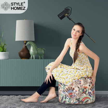 Style Homez Round Ottoman, Cotton Canvas Eloral Printed Bean Bag Stool Large Size Filled with Beans Fillers, Multi Color