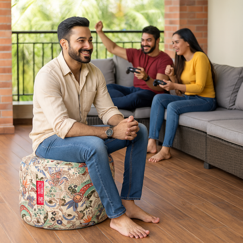 Style Homez Round Ottoman, Cotton Canvas Eloral Printed Bean Bag Stool Large Size Filled with Beans Fillers, Multi Color