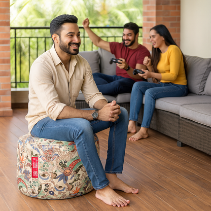 Style Homez Round Ottoman, Cotton Canvas Eloral Printed Bean Bag Stool Large Size Filled with Beans Fillers, Multi Color
