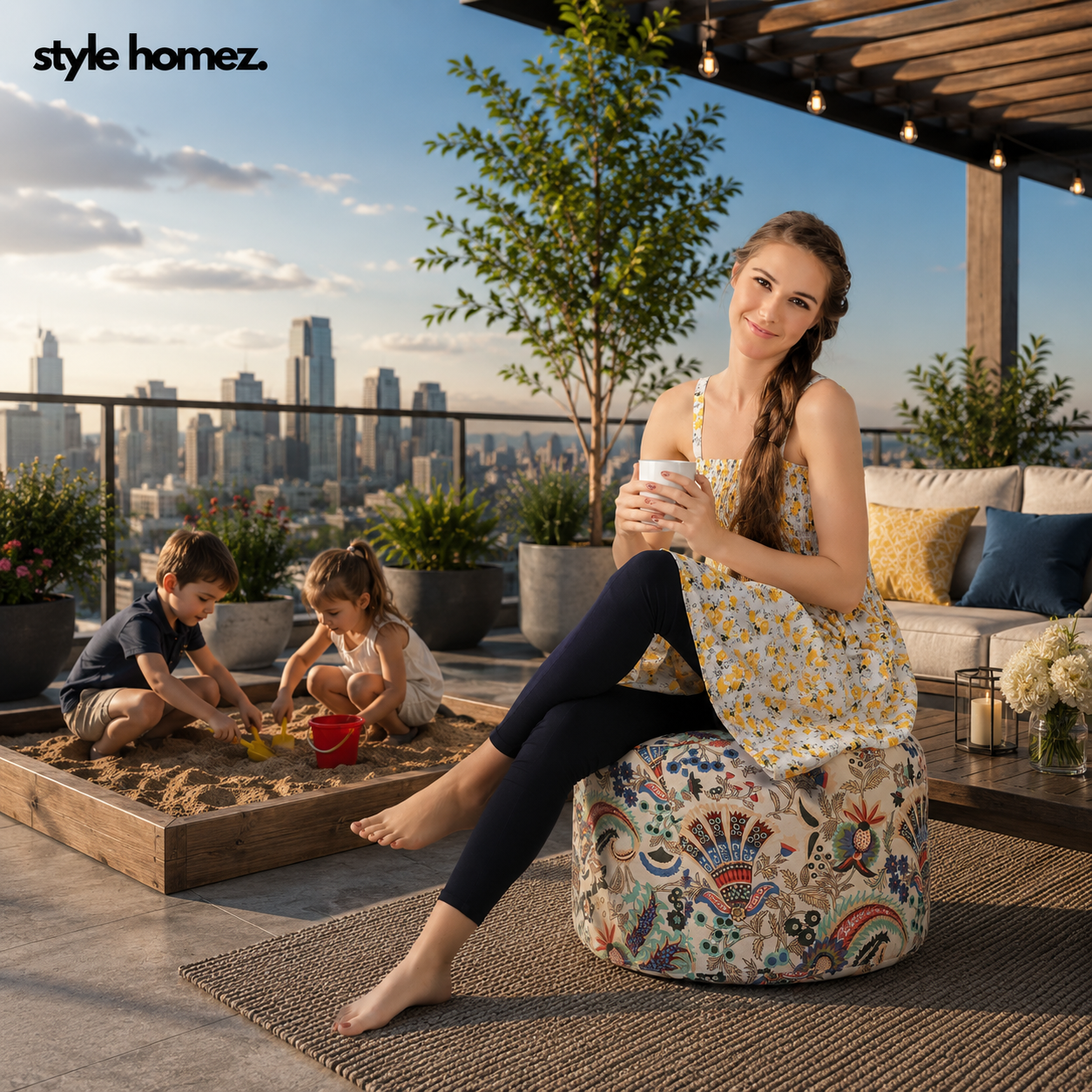 Style Homez Round Ottoman, Cotton Canvas Eloral Printed Bean Bag Stool Large Size Filled with Beans Fillers, Multi Color