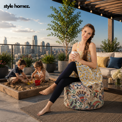 Style Homez Round Ottoman, Cotton Canvas Eloral Printed Bean Bag Stool Large Size Filled with Beans Fillers, Multi Color