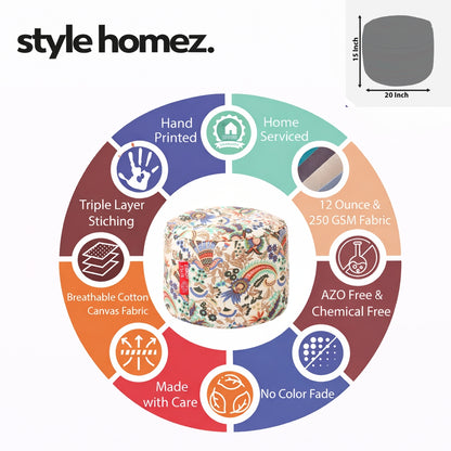 Style Homez Round Ottoman, Cotton Canvas Eloral Printed Bean Bag Stool Large Size Filled with Beans Fillers, Multi Color