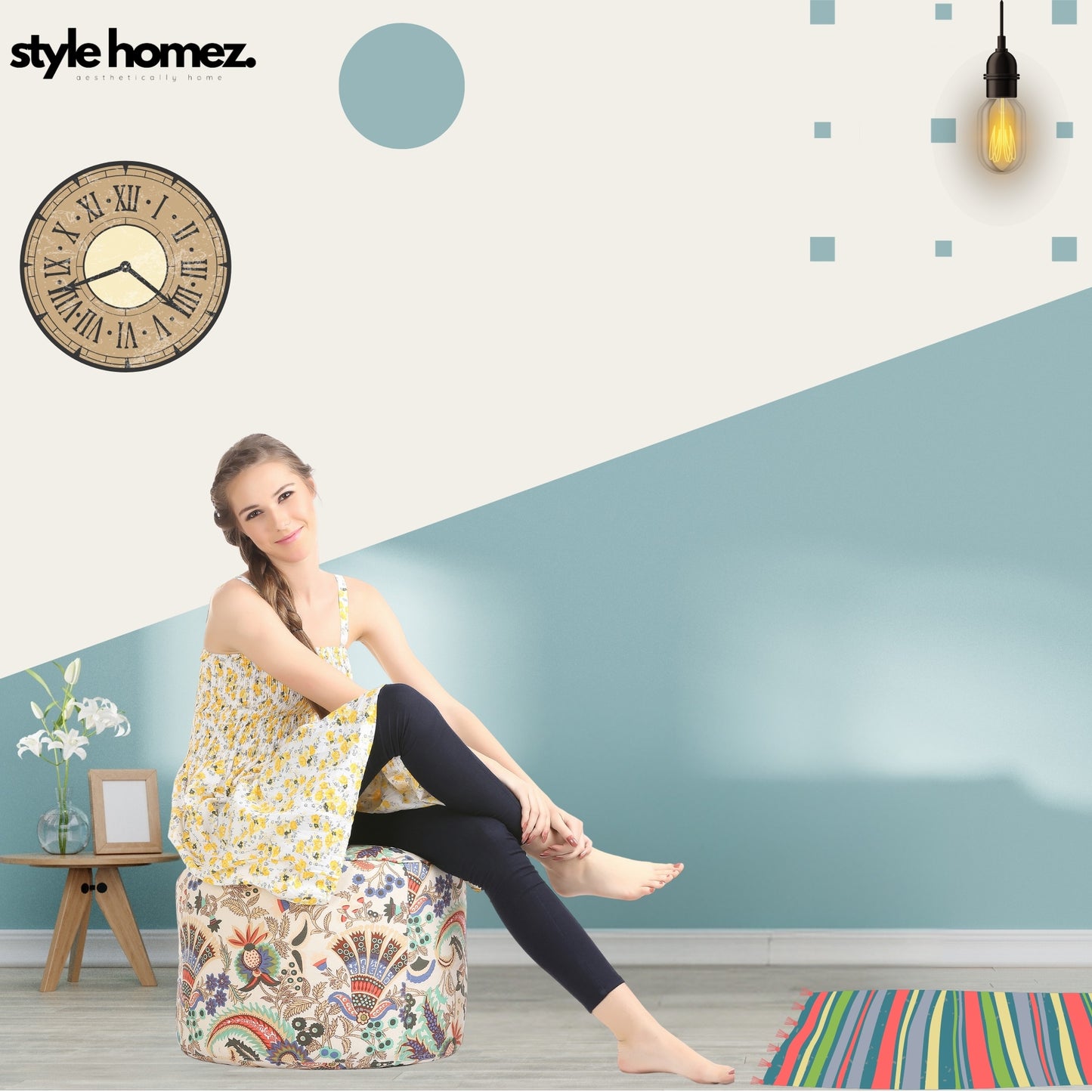 Style Homez Round Ottoman, Cotton Canvas Eloral Printed Bean Bag Stool Large Size Filled with Beans Fillers, Multi Color
