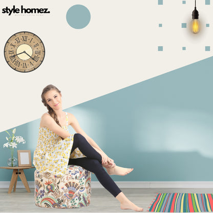 Style Homez Round Ottoman, Cotton Canvas Eloral Printed Bean Bag Stool Large Size Filled with Beans Fillers, Multi Color