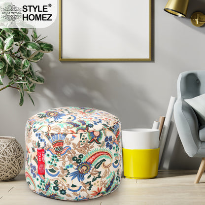 Style Homez Round Ottoman, Cotton Canvas Eloral Printed Bean Bag Stool Large Size Filled with Beans Fillers, Multi Color