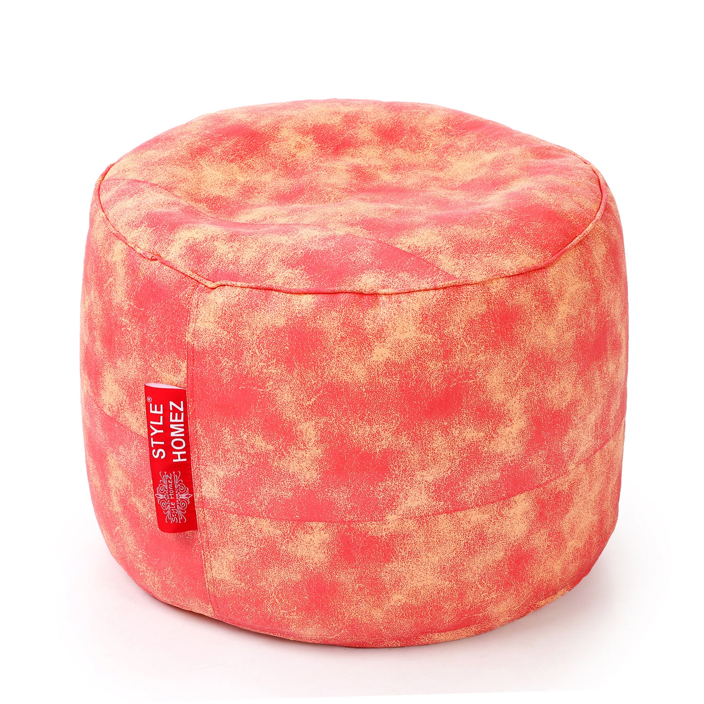 Style Homez Round Ottoman, Cotton Canvas Abstract Printed Bean Bag Stool Large Size Filled with Beans Fillers, Red Cream Color