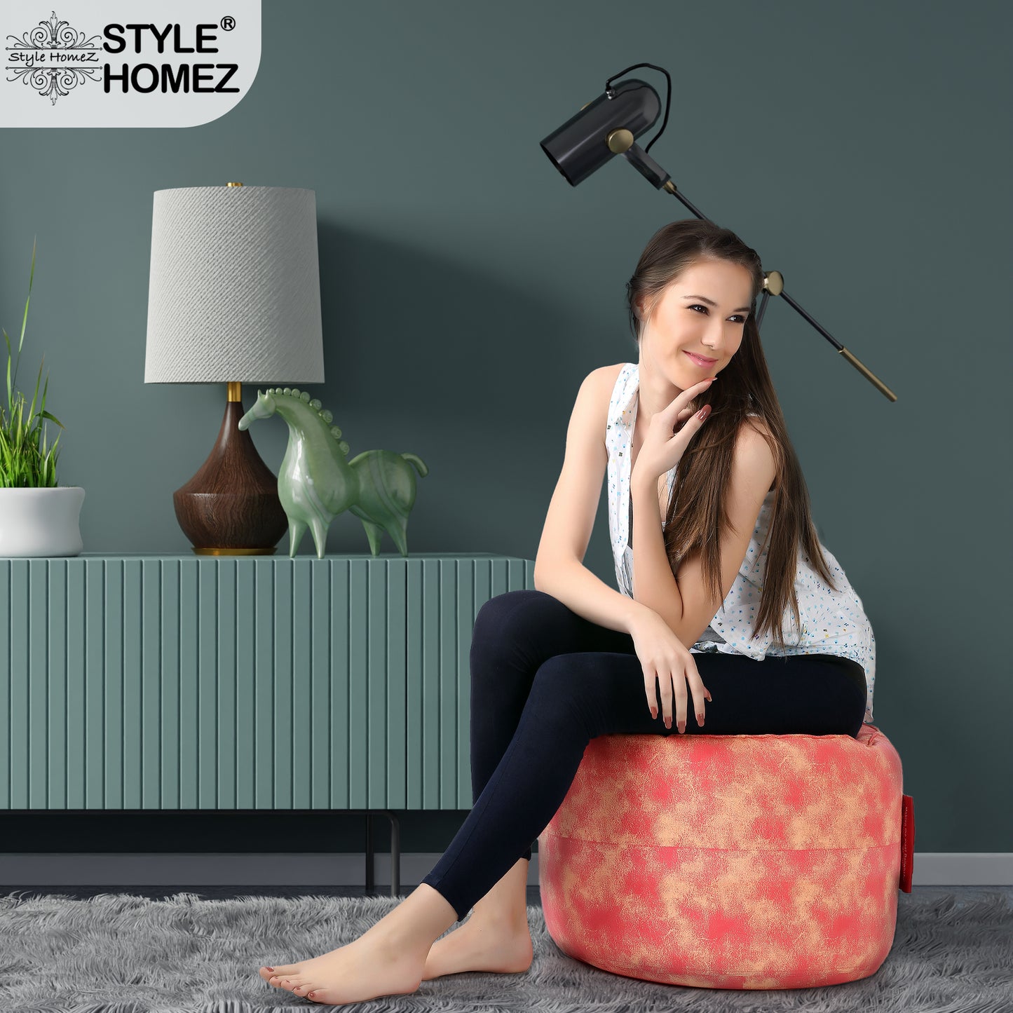Style Homez Round Ottoman, Cotton Canvas Abstract Printed Bean Bag Stool Large Size Filled with Beans Fillers, Red Cream Color