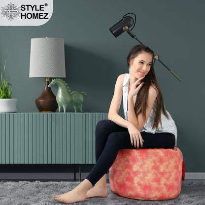 Style Homez Round Ottoman, Cotton Canvas Abstract Printed Bean Bag Stool Large Size Filled with Beans Fillers, Red Cream Color
