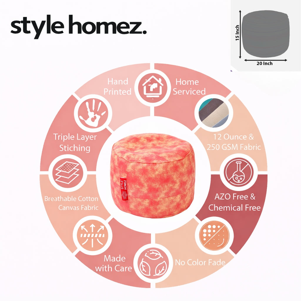 Style Homez Round Ottoman, Cotton Canvas Abstract Printed Bean Bag Stool Large Size Filled with Beans Fillers, Red Cream Color