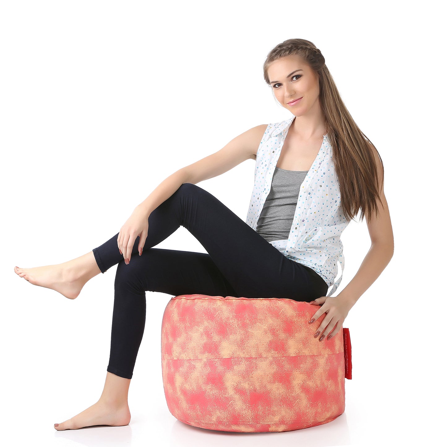 Style Homez Round Ottoman, Cotton Canvas Abstract Printed Bean Bag Stool Large Size Filled with Beans Fillers, Red Cream Color