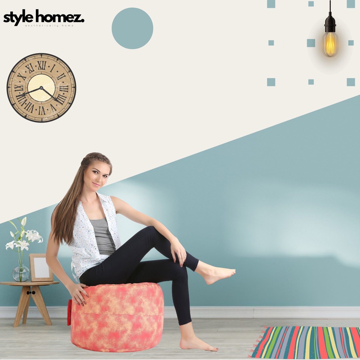 Style Homez Round Ottoman, Cotton Canvas Abstract Printed Bean Bag Stool Large Size Filled with Beans Fillers, Red Cream Color