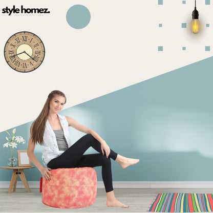 Style Homez Round Ottoman, Cotton Canvas Abstract Printed Bean Bag Stool Large Size Filled with Beans Fillers, Red Cream Color