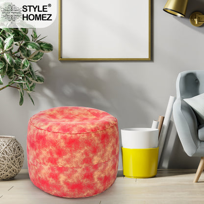 Style Homez Round Ottoman, Cotton Canvas Abstract Printed Bean Bag Stool Large Size Filled with Beans Fillers, Red Cream Color