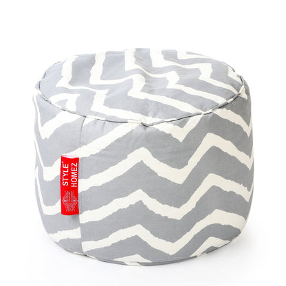 Style Homez Round Ottoman, Cotton Canvas Stripes Printed Bean Bag Stool Large Size Filled with Beans Fillers, Grey Color