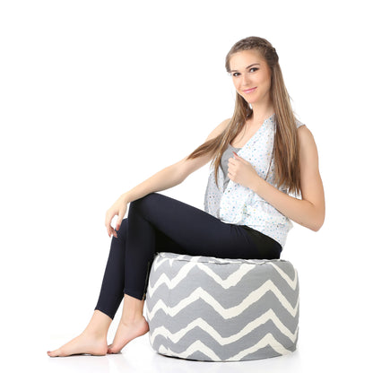 Style Homez Round Ottoman, Cotton Canvas Stripes Printed Bean Bag Stool Large Size Filled with Beans Fillers, Grey Color