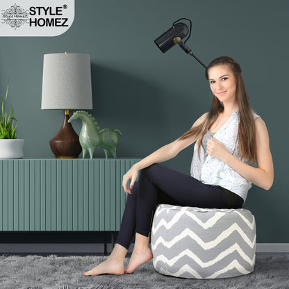 Style Homez Round Ottoman, Cotton Canvas Stripes Printed Bean Bag Stool Large Size Filled with Beans Fillers, Grey Color