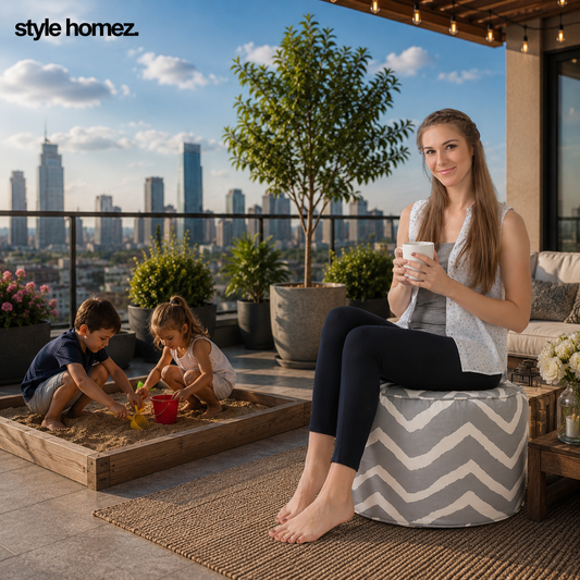 Style Homez Round Ottoman, Cotton Canvas Stripes Printed Bean Bag Stool Large Size Filled with Beans Fillers, Grey Color