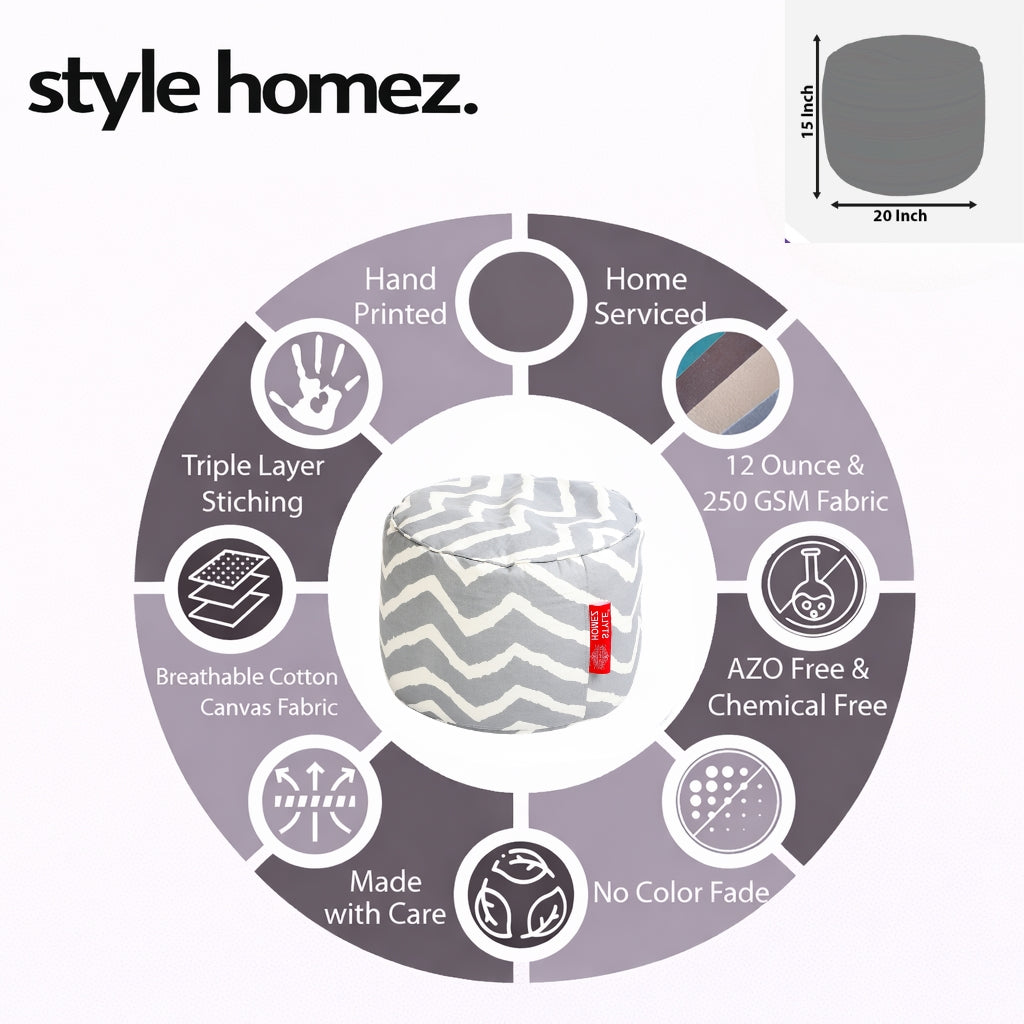 Style Homez Round Ottoman, Cotton Canvas Stripes Printed Bean Bag Stool Large Size Filled with Beans Fillers, Grey Color