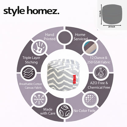 Style Homez Round Ottoman, Cotton Canvas Stripes Printed Bean Bag Stool Large Size Filled with Beans Fillers, Grey Color