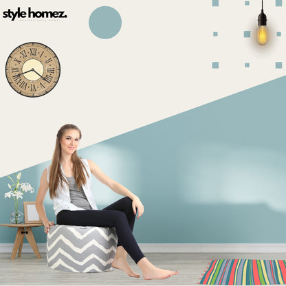 Style Homez Round Ottoman, Cotton Canvas Stripes Printed Bean Bag Stool Large Size Filled with Beans Fillers, Grey Color