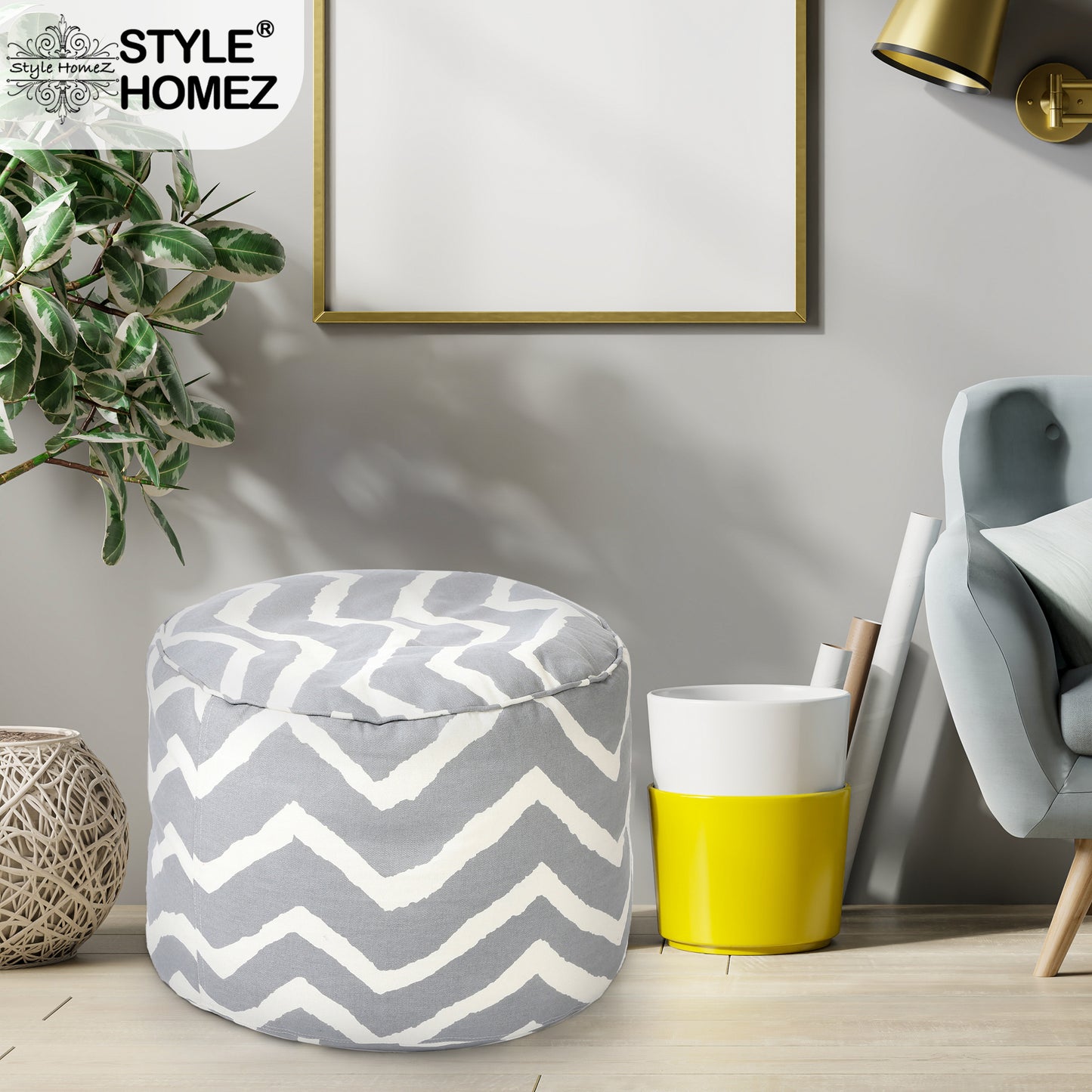 Style Homez Round Ottoman, Cotton Canvas Stripes Printed Bean Bag Stool Large Size Filled with Beans Fillers, Grey Color