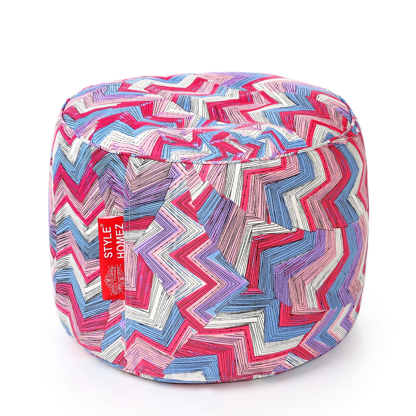 Style Homez Round Ottoman, Cotton Canvas Geometric Printed Bean Bag Stool Large Size Filled with Beans Fillers, Multi Color