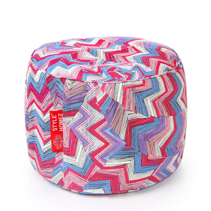 Style Homez Round Ottoman, Cotton Canvas Geometric Printed Bean Bag Stool Large Size Filled with Beans Fillers, Multi Color