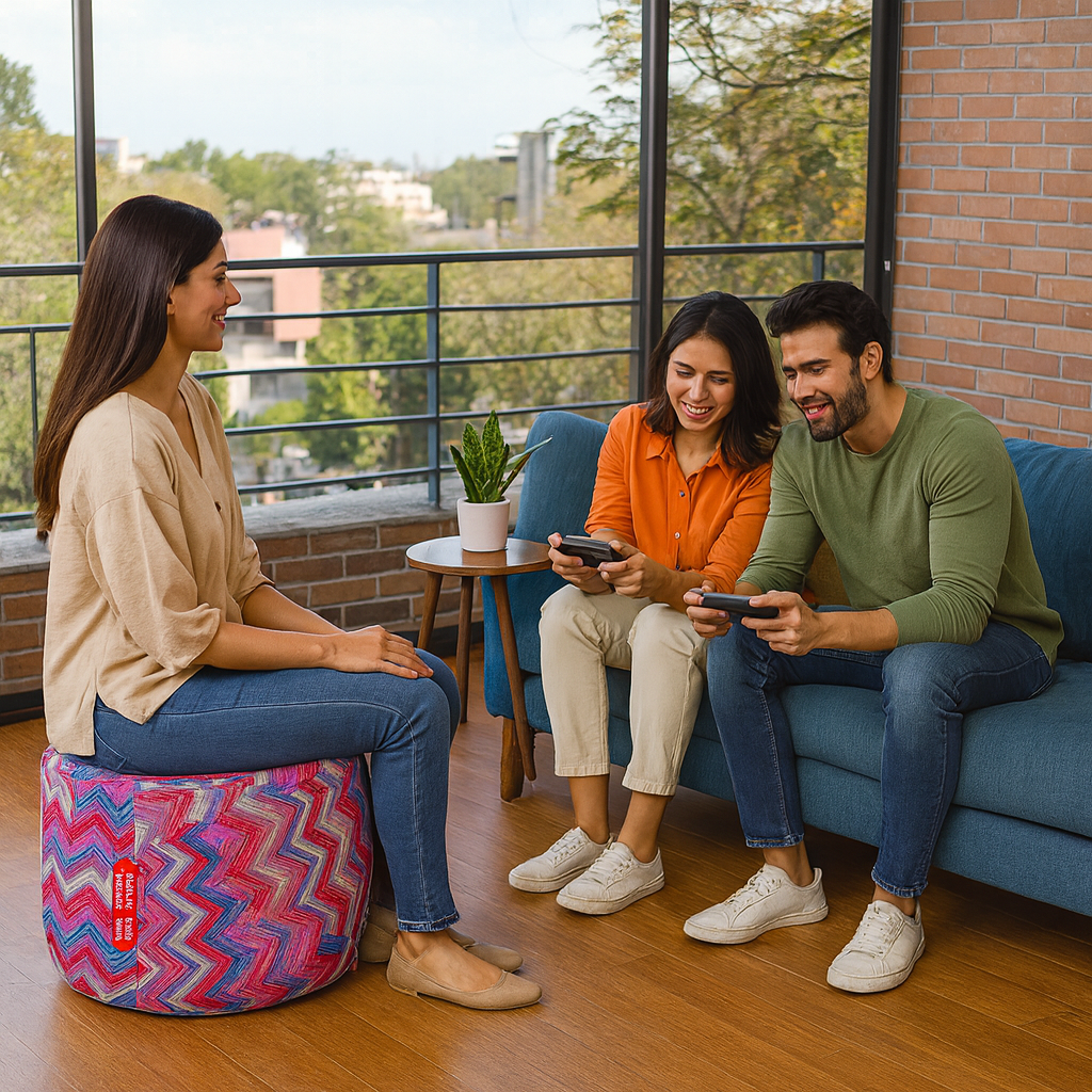 Style Homez Round Ottoman, Cotton Canvas Geometric Printed Bean Bag Stool Large Size Filled with Beans Fillers, Multi Color