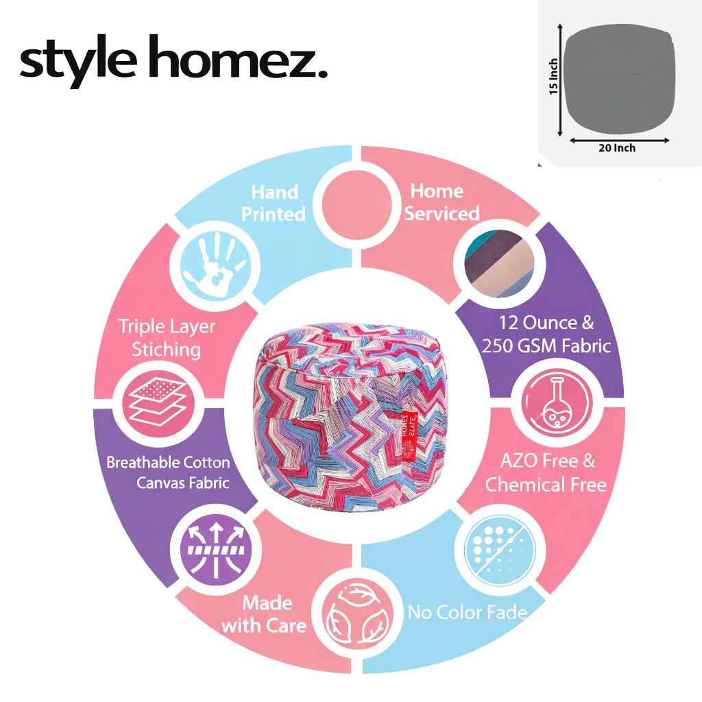 Style Homez Round Ottoman, Cotton Canvas Geometric Printed Bean Bag Stool Large Size Filled with Beans Fillers, Multi Color