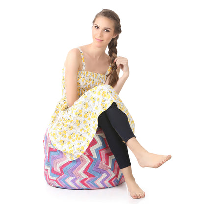 Style Homez Round Ottoman, Cotton Canvas Geometric Printed Bean Bag Stool Large Size Filled with Beans Fillers, Multi Color