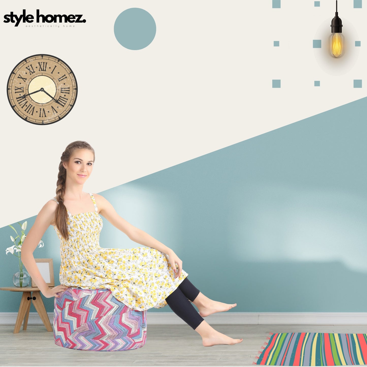 Style Homez Round Ottoman, Cotton Canvas Geometric Printed Bean Bag Stool Large Size Filled with Beans Fillers, Multi Color
