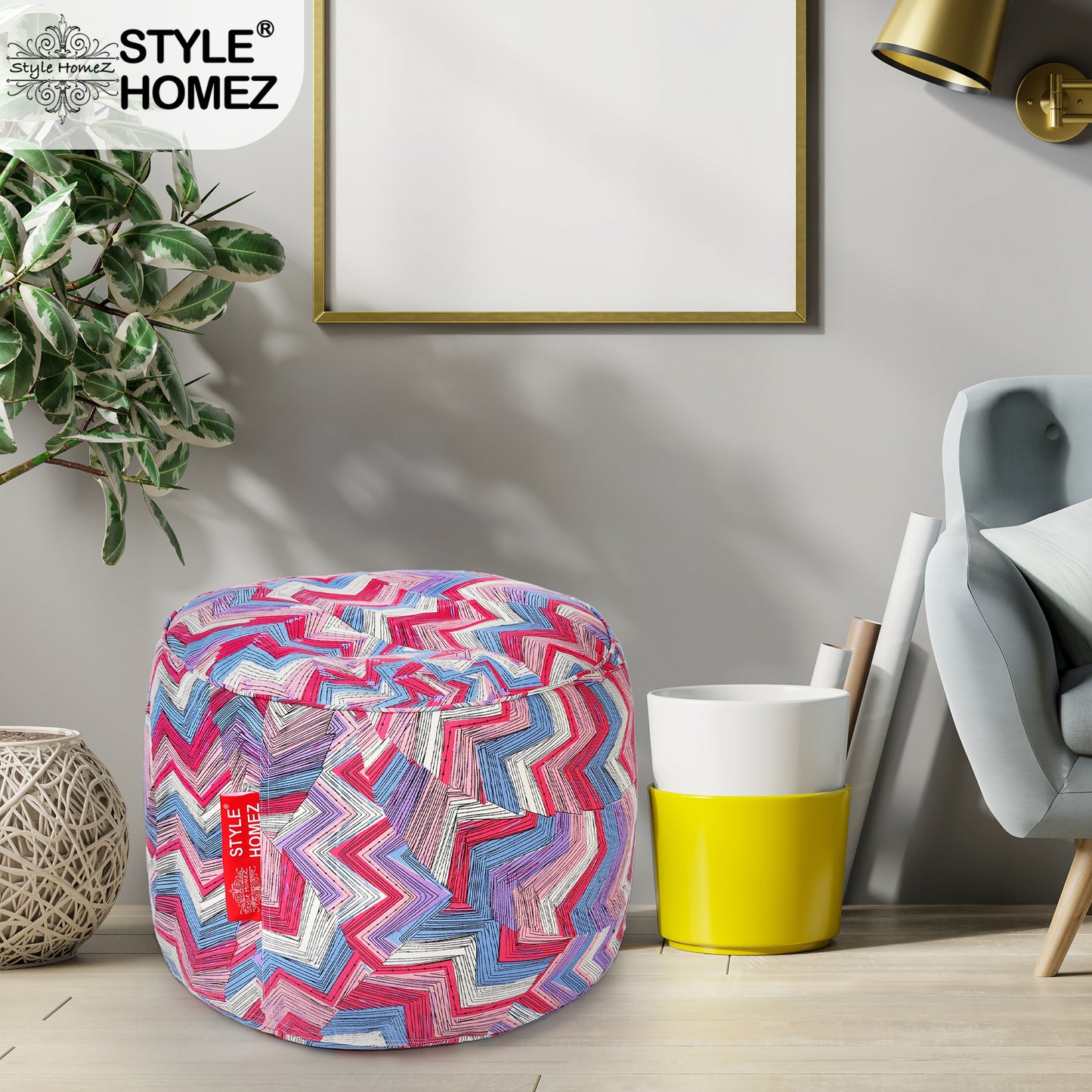 Style Homez Round Ottoman, Cotton Canvas Geometric Printed Bean Bag Stool Large Size Filled with Beans Fillers, Multi Color