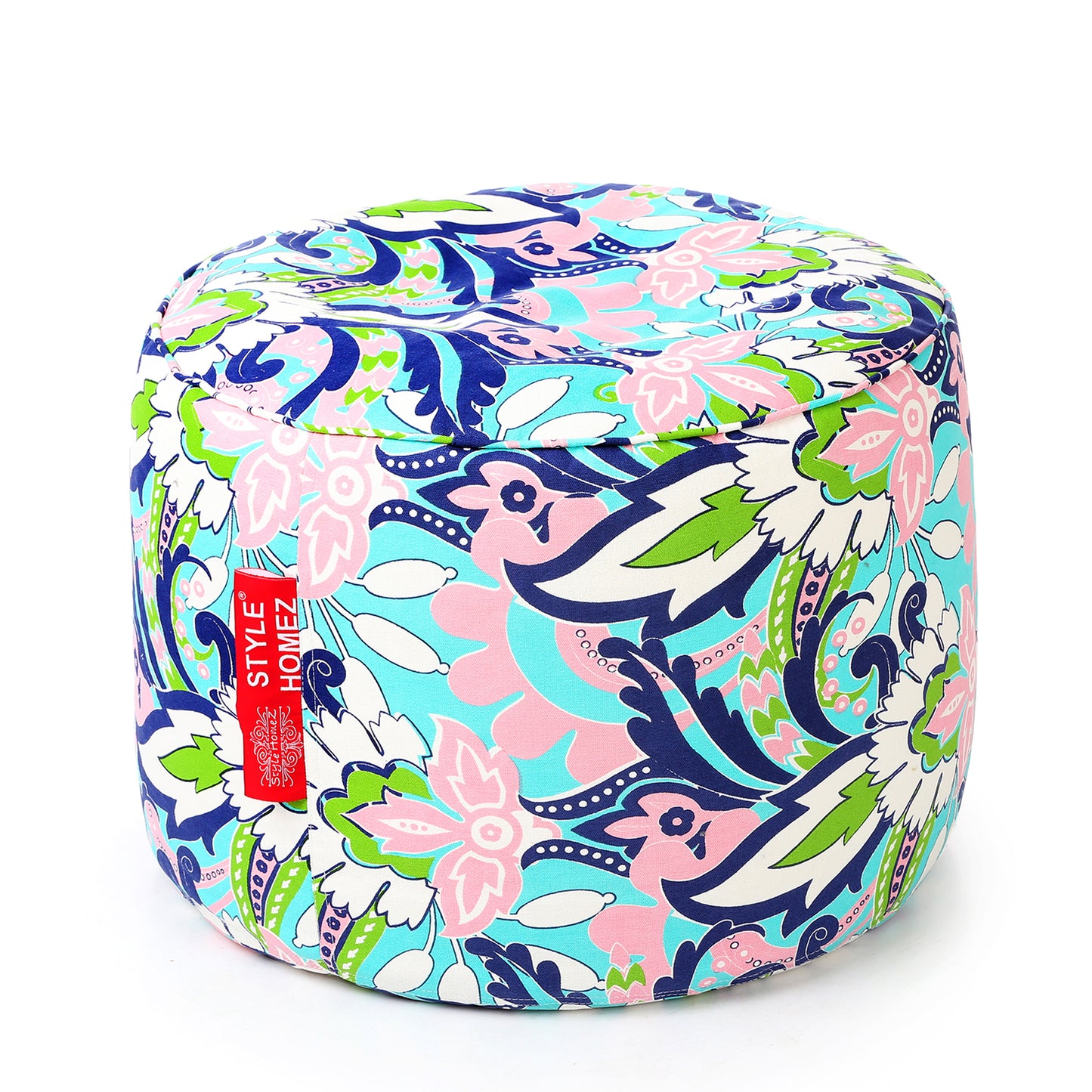 Style Homez Round Ottoman, Cotton Canvas Eloral Printed Bean Bag Stool Large Size Filled with Beans, Multi Color