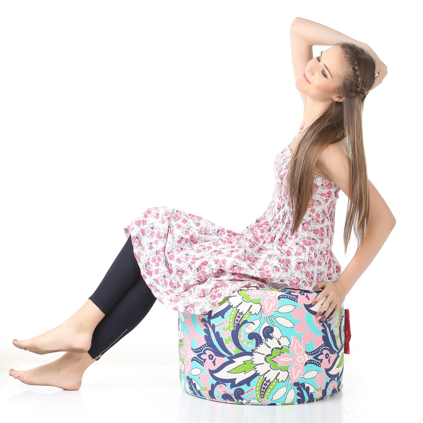 Style Homez Round Ottoman, Cotton Canvas Eloral Printed Bean Bag Stool Large Size Filled with Beans, Multi Color