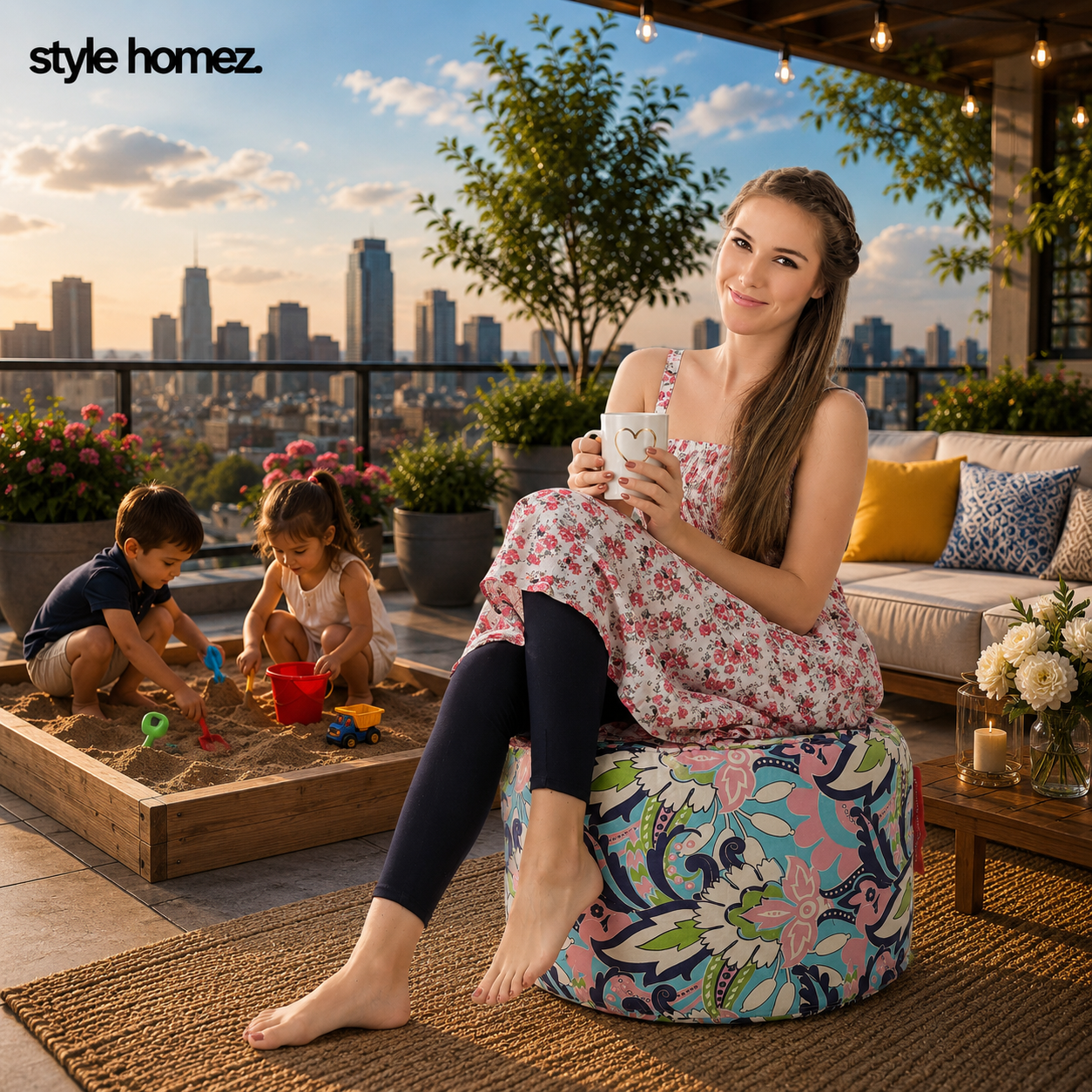 Style Homez Round Ottoman, Cotton Canvas Eloral Printed Bean Bag Stool Large Size Filled with Beans, Multi Color