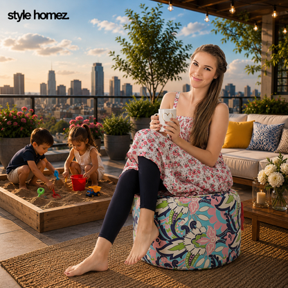Style Homez Round Ottoman, Cotton Canvas Eloral Printed Bean Bag Stool Large Size Filled with Beans, Multi Color