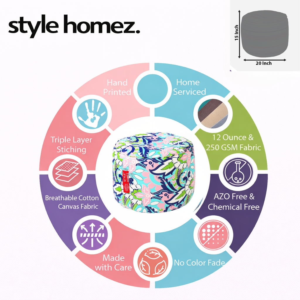 Style Homez Round Ottoman, Cotton Canvas Eloral Printed Bean Bag Stool Large Size Filled with Beans, Multi Color
