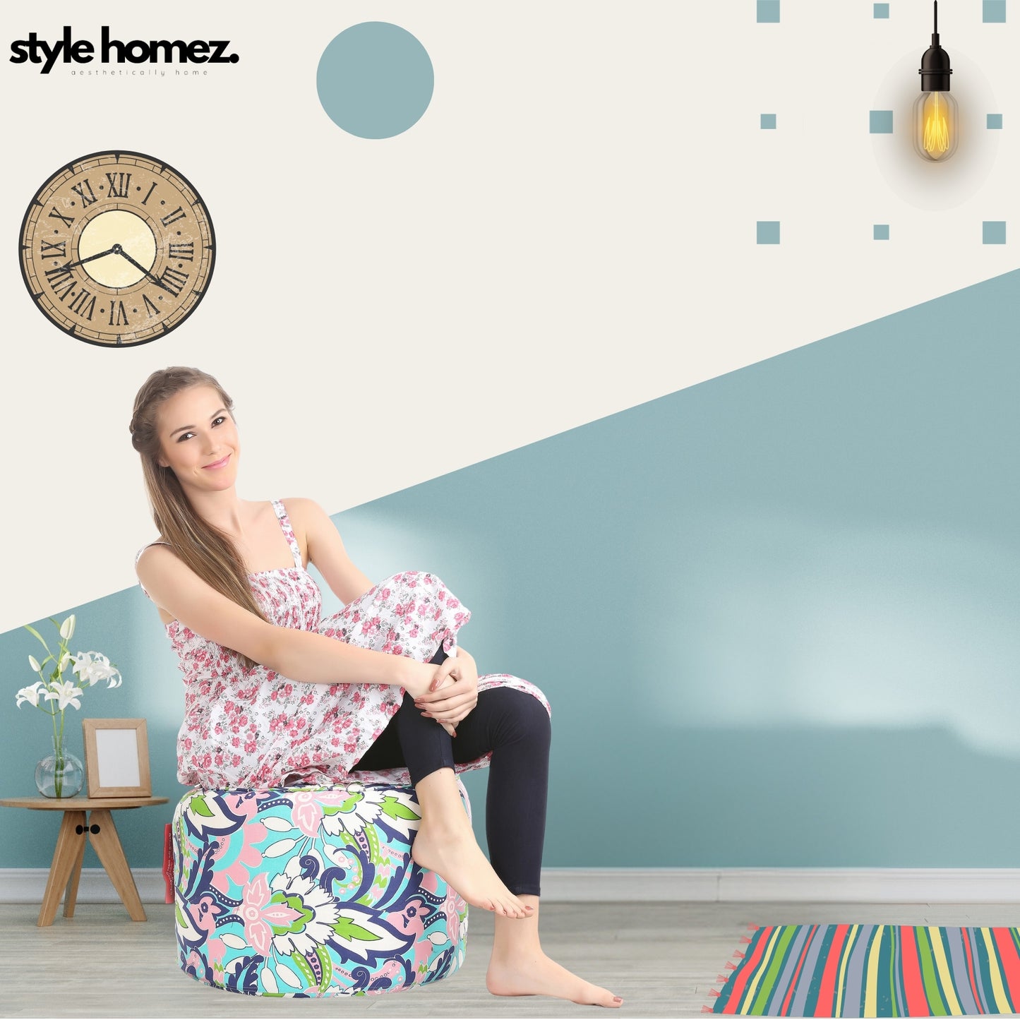 Style Homez Round Ottoman, Cotton Canvas Eloral Printed Bean Bag Stool Large Size Filled with Beans, Multi Color