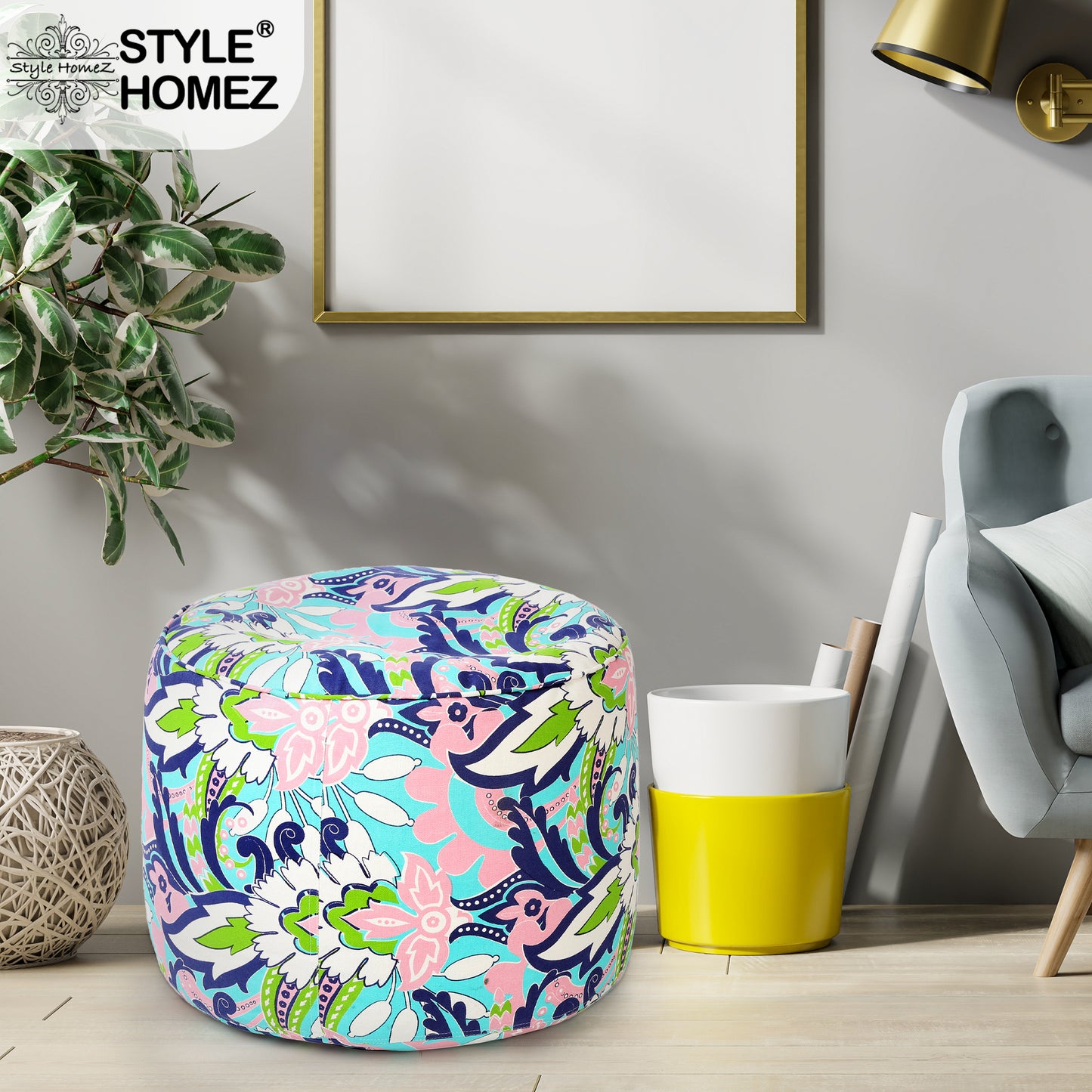 Style Homez Round Ottoman, Cotton Canvas Eloral Printed Bean Bag Stool Large Size Filled with Beans, Multi Color