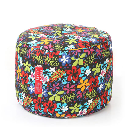 Style Homez Round Ottoman, Cotton Canvas Eloral Printed Bean Bag Stool Large Size Filled with Beans, Multi Color