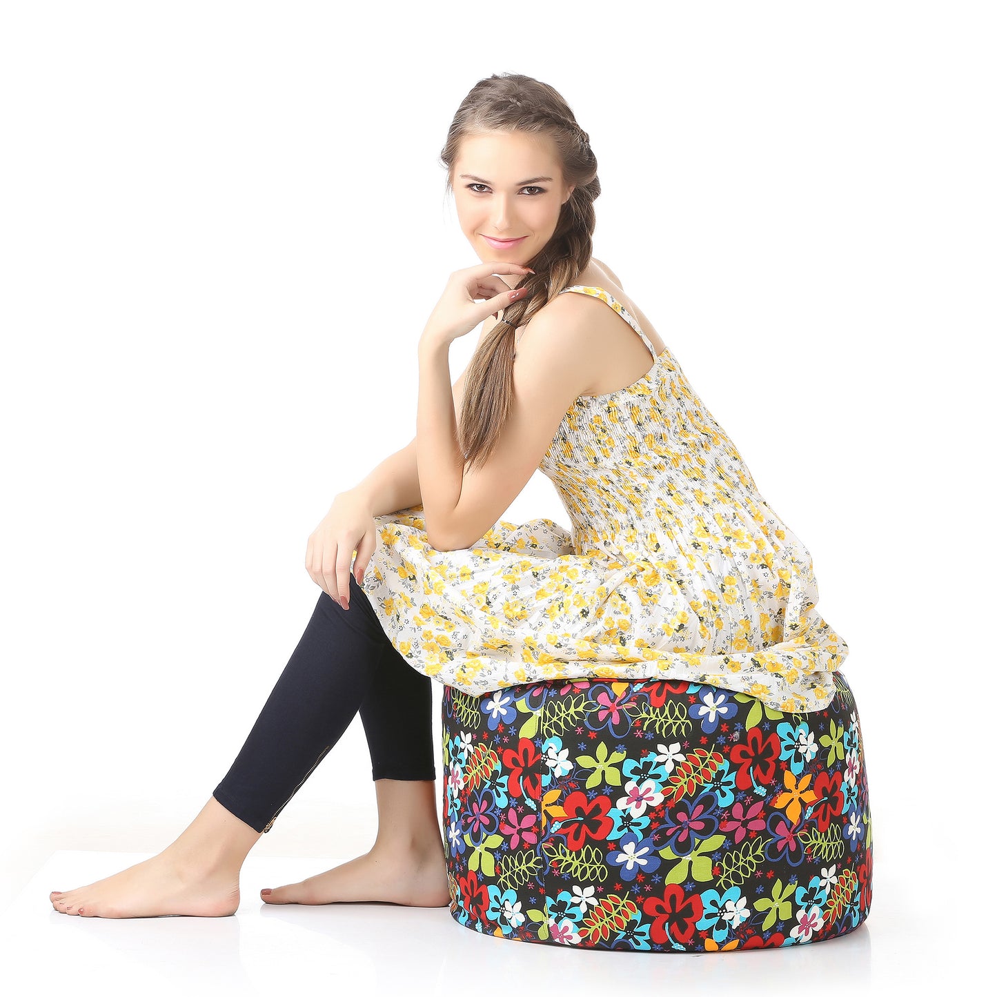 Style Homez Round Ottoman, Cotton Canvas Eloral Printed Bean Bag Stool Large Size Filled with Beans, Multi Color